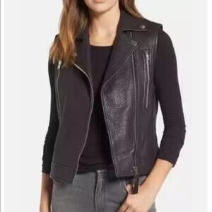 Derek lam black leather motorcycle biker jacket zip up vest NWT